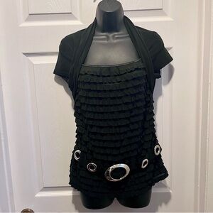 Joseph Ribkoff Top Ruffle Belted Black 10 Medium Women blouse short sleeve